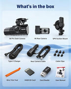 3 Channel Dash Cam Front and Rear Inside-4K+2.5K+2.5K, 4K Dash Cam, Free 64GB Card, WiFi Dashcam with GPS, G-Sensor,Loop Recording, HDR, 24H Parking Monitor, Car Dash Cam for Rideshare & Taxi
