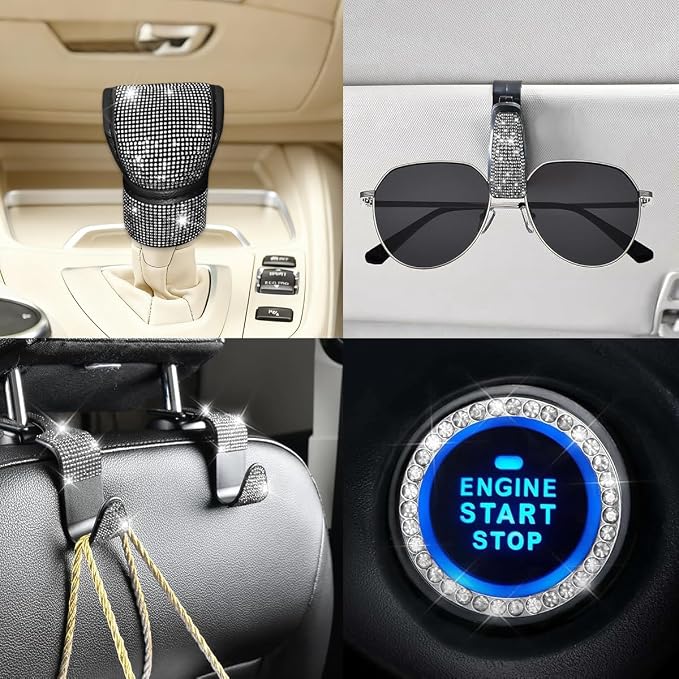 11PCS/Set Bling Car Accessories Set for Women, Rhinestone Vehicle Steering Wheel Cover Seat Belt Cushion Gear Shift Protector Cup Holder Coaster, Universal Automotive Accessories (White)