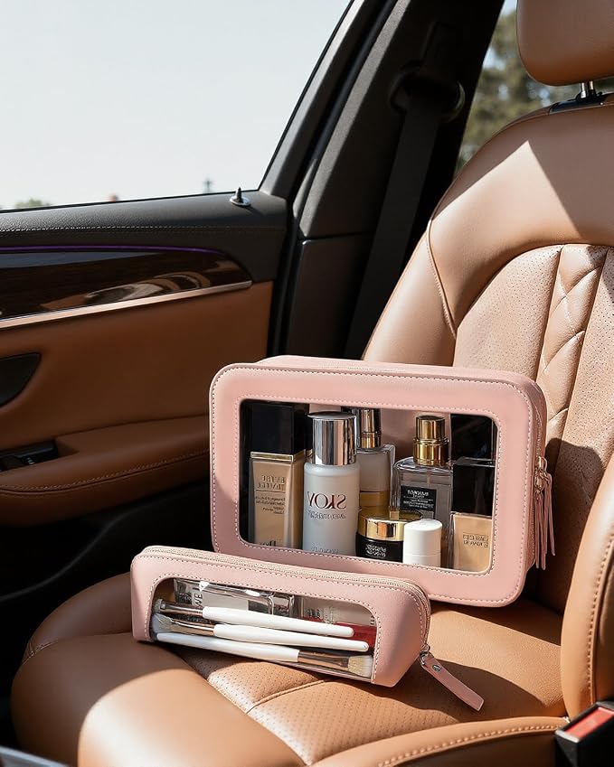 2Pack Clear Makeup Bags Set, Clear Travel Makeup Brush Holder, Portable Leather Travel Toiletry Bag Pink Car Accessories for Women