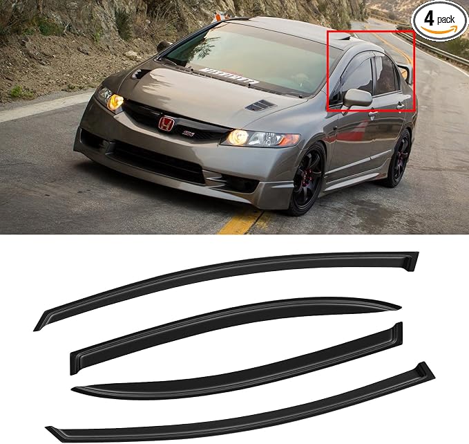 Window Visor for 2006-2011 Honda Civic, Out-Channel Rain Guards Shields Vent Deflector Shade Wind Dark Smoke for 06-11 Civic 2007 2008 2009 2010, Tape-On Outside-Mount, 4PCS