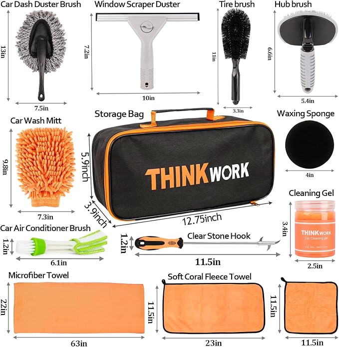 Car Detailing Kit, Microfiber Cleaning Tools with Storage Bag | Scratch-Proof Microfiber, 17Pcs Complete Set, Fits Most Vehicles, Dual Interior & Exterior Use, Orange, Ideal Gift