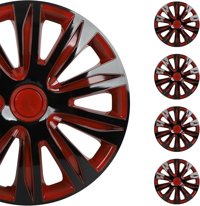 SCITOO 4-Pack 16 Inch Hubcaps Black & Red Wheel Cover Hubcaps for Cars