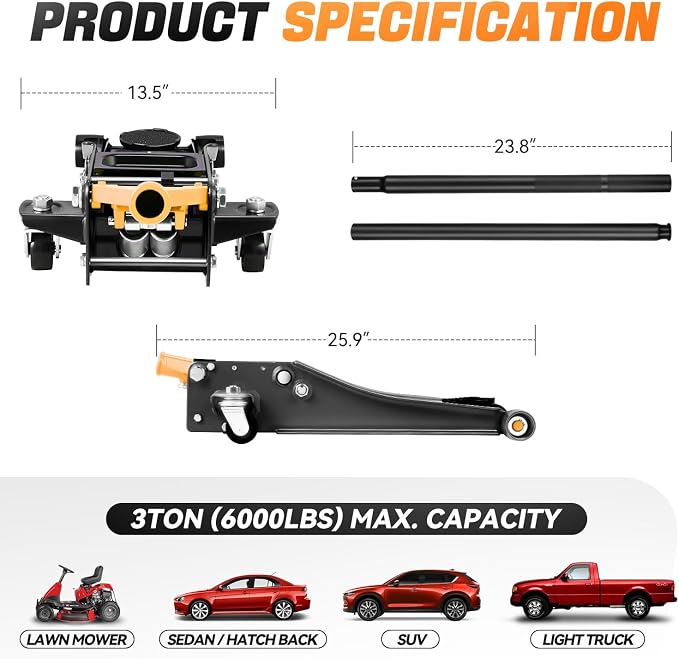 3 Ton Low Profile Floor Jack, Heavy Duty Steel Hydraulic Car Jack with Dual Pistons Quick Lift Pump, Hydraulic Racing Floor Jack, Lifting Range 3" to 20", Orange