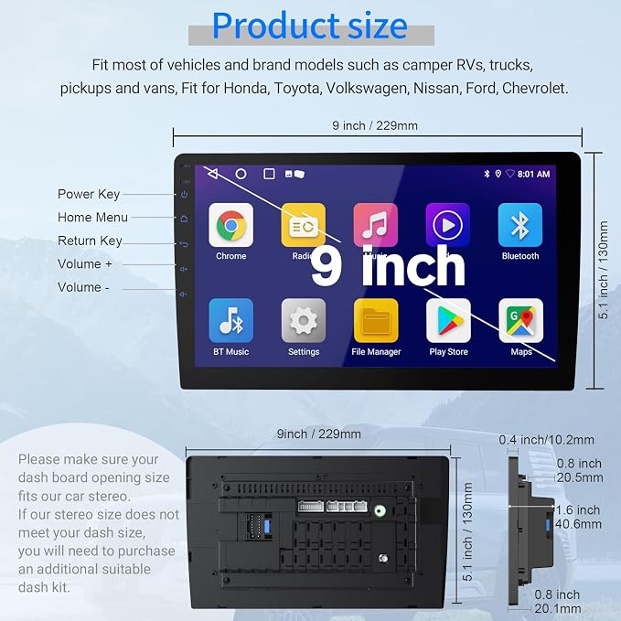 9 Inch Double Din Car Stereo, Android 13 Touchscreen Radio with Wireless Apple CarPlay & Android Auto, 2GB+64GB, GPS, Bluetooth, WiFi, FM/AM/RDS, Mirror Link, 720P AHD Backup Camera