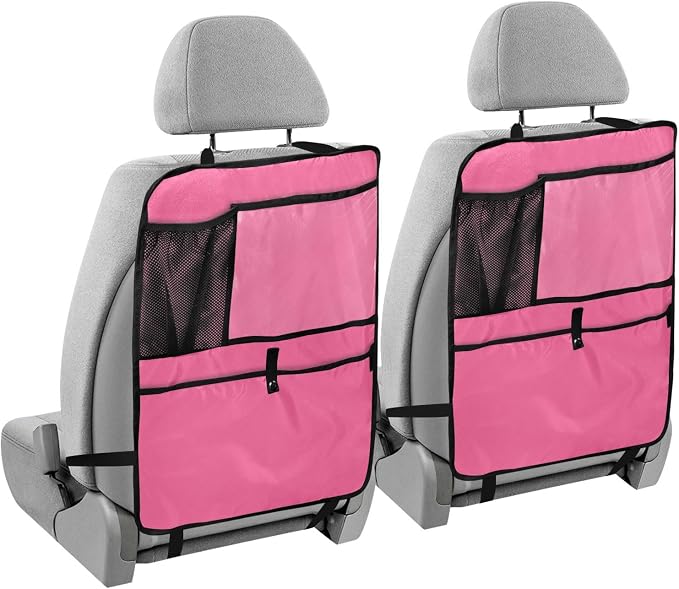 Neon Pink Car Seat Organizer for Kids Backseat Kick Mat with Adjustable Strap Back Seat Protector for Cars SUV Vehicle 1 Pcs