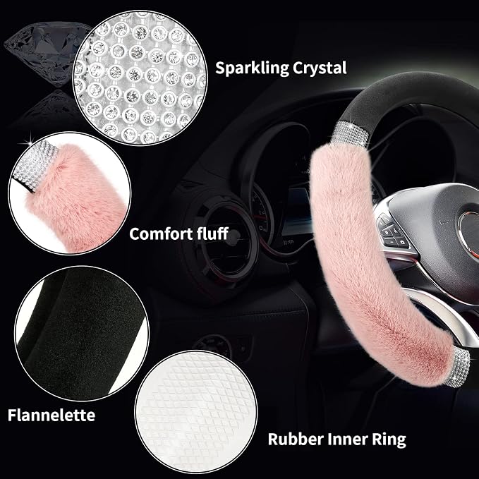 Rhinestone Fluffy Steering Wheel Cover - Comfortable Non-Slip Luxury Faux Wool, Universal Fit for 14.5" to 15" Steering Wheels