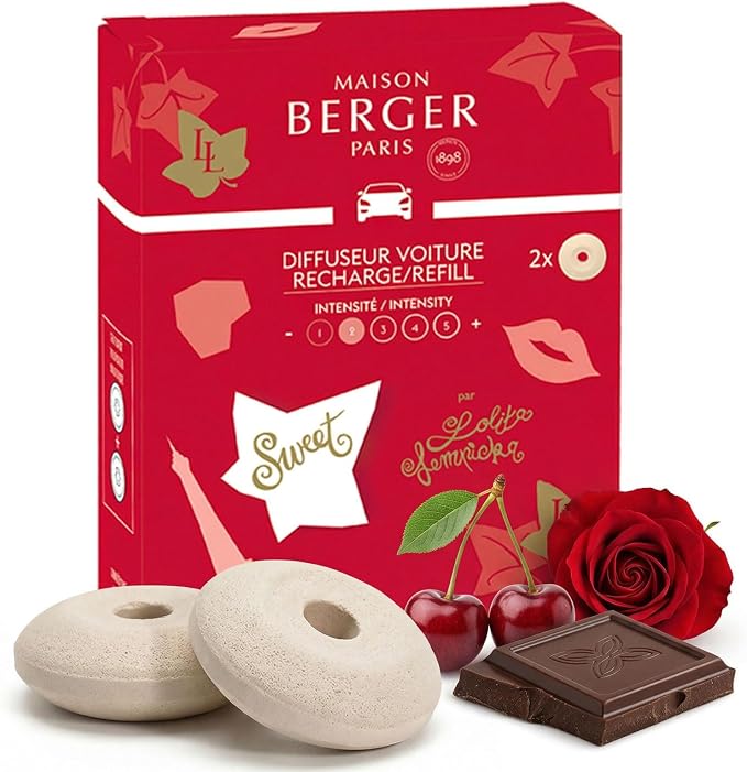 Car Diffuser Refill Set, Lolita Lempicka Sweet | Cherry Raspberry Praline Notes, 2 Ceramic Inserts, Fits Vent Clips, 4-Week Diffusion, Made in France