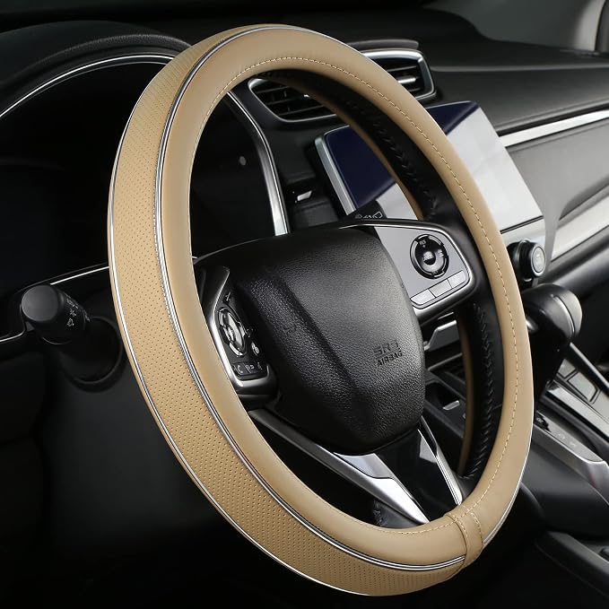Buff Leather Steering Wheel Cover Fiber Strip Car Steering Wheel Cover Universal 15 inch