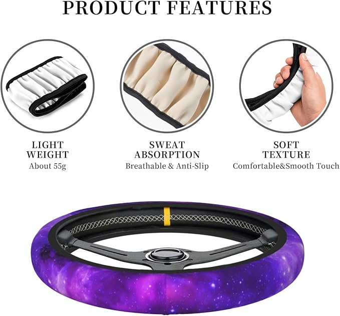 Starry Sky Purple Steering Wheel Cover Starry Sky Purple Milky Way Steering Wheel Cover Anti-Slip Universal Breathable 14-15-in 2 Car Cup Coasters for Men Women