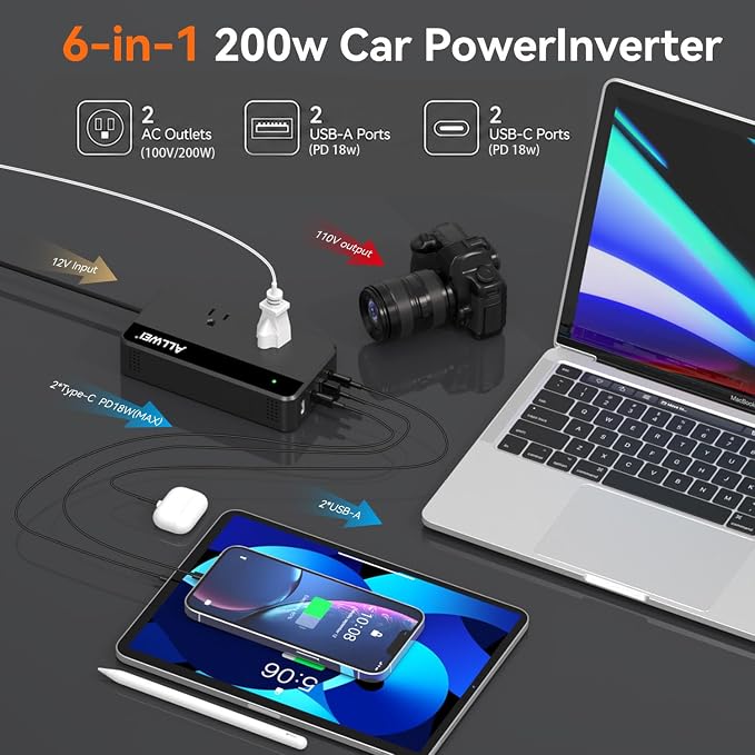 200W Car Power Inverter, 12V DC to 110V AC Car Inverte with 4 USB Fast Charging Port(2xUSB A, 2xUSB C)- Car Charger Cigarette Lighter Adapter for Phone, Laptop and Small Devices on Road Trip