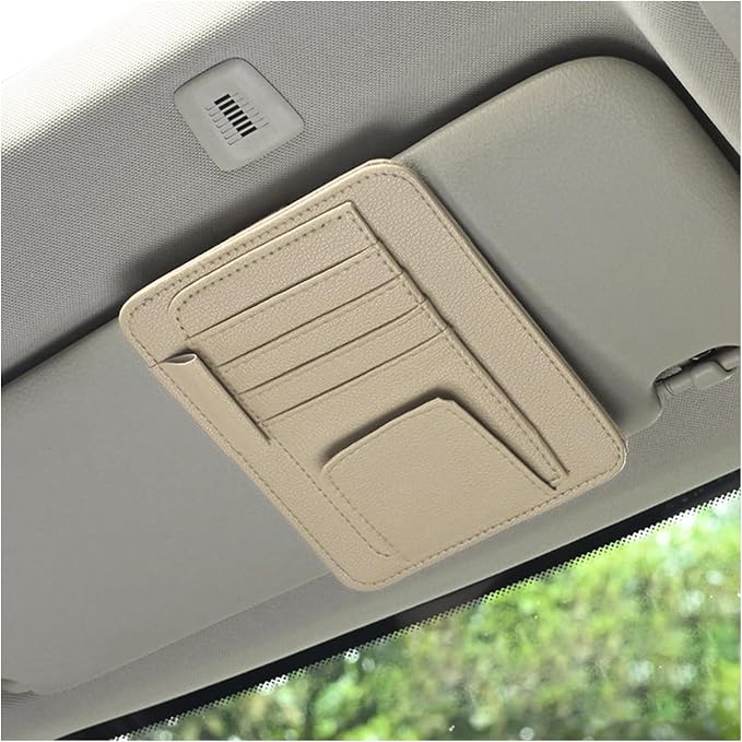 Car Sun Visor Organizer, Small Auto Visor Organizer and Storage, Registration and Document Holder, Vehicle Accessories for Sunglasses, Document, Card, Pen, Driver License (Beige)