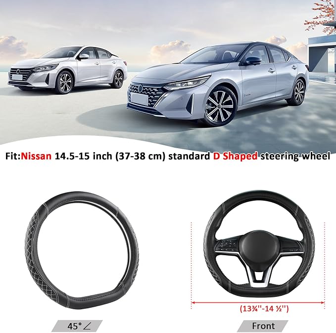 Flat Bottom Car Steering Wheel Cover for Nissan,D Shaped Steering Wheel Cover for Rogue,Altima,Kicks (Diamond Quilted-Black+Gray-Standard Size)