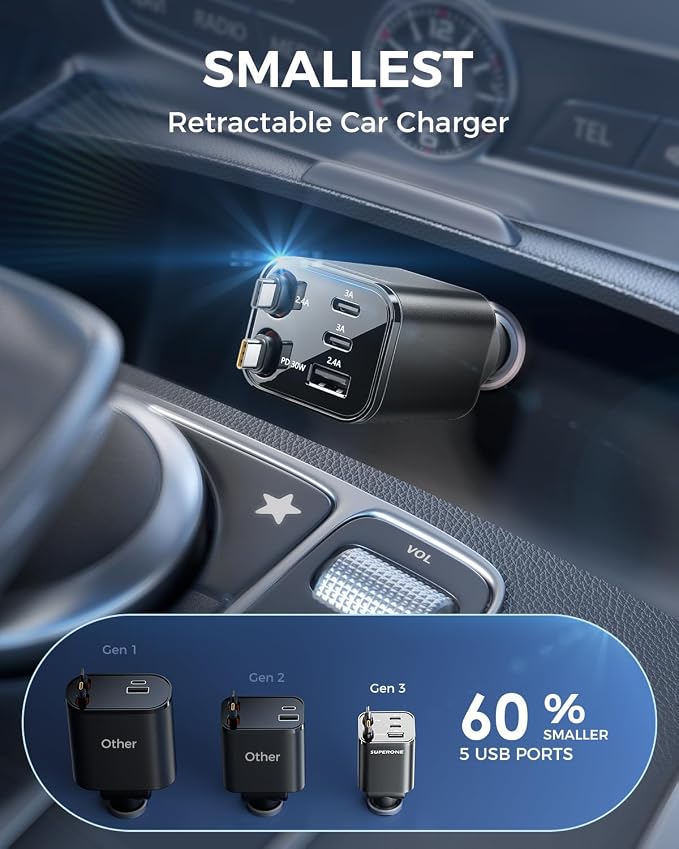 2026 Ultra-Compact Retractable Car Charger, 5 in 1 Car Phone Charger with Dual Type C Cables, 84W Fast Charging USB C Car Accessories Adapter for iPhone 17/16/15/14/13/12/11, Galaxy, Pixel