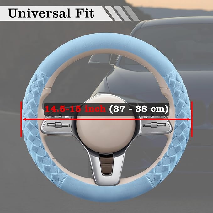 Sapphire Blue Diamond Patterned Plush Steering Wheel Cover, for Universal Auto Steering Wheel 14.5-15 in, Short Fluffy, Anti-Slip, Soft Plush, Comforting and Luxurious, Odorless, Soft Texture