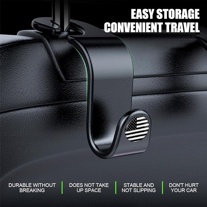 4PCS Car Seat Headrest Hooks, Auto Back Seat Hanger Holder, Durable Stylish Vehicle Organizer Universal Car Interior Accessories, Storage Hooks for Purses, Bags, Clothes, Hats (Black/Black Flag)