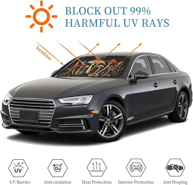 Windshield Sun Shade Boho Mushroom Flower Vintage Car Front Window Sunshade Cover for Truck SUV Blocks UV Rays Automotive Visor Interior Protector 55 x 30 inch