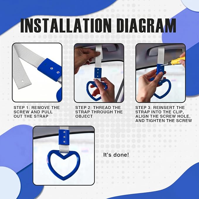 2PCS Heart Shaped Car Handle Straps, Rear Bumper Warning Keychain Ring for Car Exterior Accessories (Blue-Silver)