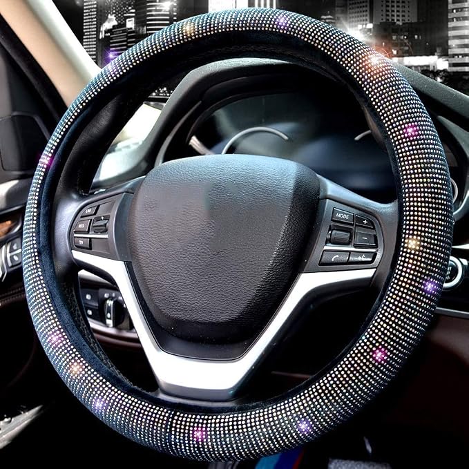 Steering Wheel Cover for Women Men Bling Bling Crystal Diamond Sparkling Car SUV Wheel Protector Universal Fit 15 Inch (Black with Colorful Diamond,Standard Size(14" 1/2-15" 1/4))