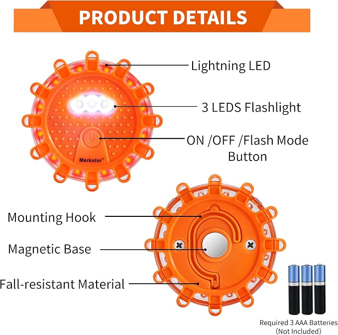 3 Pack LED Road Flare Warning Lights Battery Powered Emergency Road Safety Kit with Gloves
