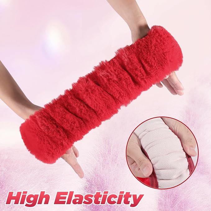 Furry Car Steering Wheel Cover with Fluffy Gear Shift Cover Soft Warm Non-Slip Car Decoration for Women Girls 2 PCS Set, Red