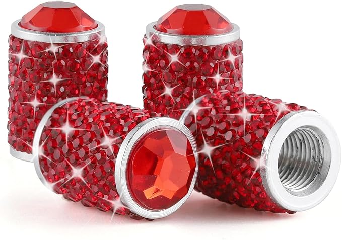 Car Wheel Tire Valve Caps, 4 PCS Bling Tire Valve Caps, Crystal Tire Caps Shinny Rhinestone for Women, Universal Car Dustproof Tire Valve Caps for Cars, Trucks, SUV and Motorcycles (Red)