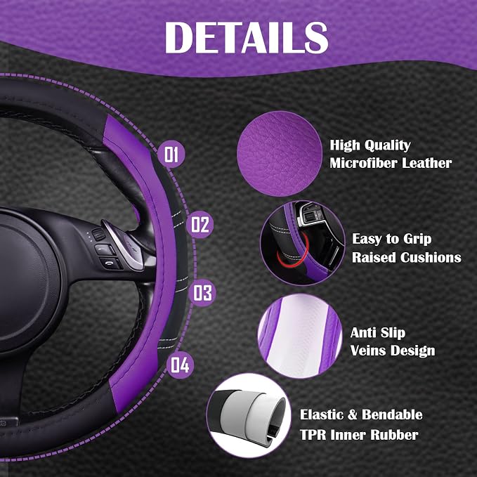Line Rider Microfiber Leather Sporty 14.5-15 inch Steering Wheel Cover Universal Fits for 95% Truck,SUV,Cars, Anti-Slip Safety Comfortable Design (Black Purple)