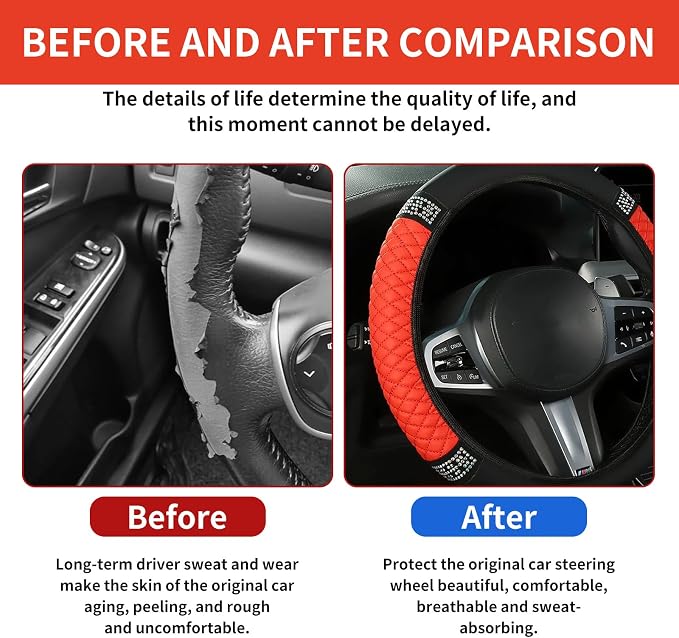 Bling Car Steering Wheel Cover, 15 Inch Rhinestones Soft Leather Elastic Steering Wheel Protector, Sparkly Crystal Diamond for Women, Car Interior Accessories for Most Cars (Red)