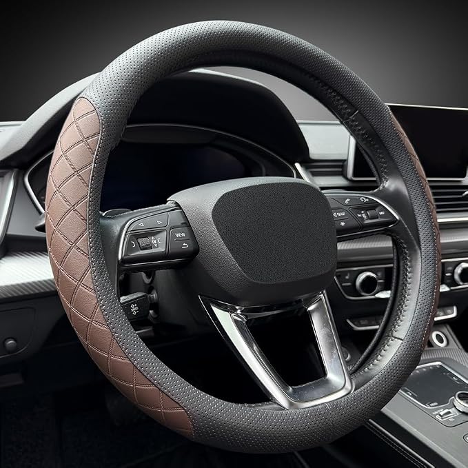 Nappa Leather Steering Wheel Cover,Elegant Diamond Checkered Design, Non-Slip wear-Resistant, Enhance Driving Comfort, Suitable for Steering Wheel Diameter 14 1/2‘-15’ Models.Black Brown