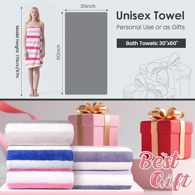 Microfiber Bath Towels,2 Pack(30" x 60"), Oversized, Soft, Super Absorbent, Fast Drying, Large Beach Towel Set for Sauna, Salon, Sports, Fitness, Yoga, Cabana Stripe Pink