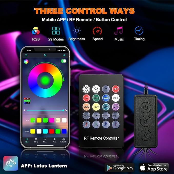 Car LED Lights, Interior Car Lights with Wireless APP/RF Remote/Button Control, Car Ambient Lighting Kit with 236" Integrated Molding Fiber Optic RGB Sync to Music (USB)
