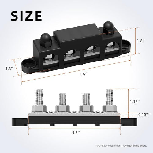 12V Bus Bar 250A Power Distribution Block Marine Busbar with 4 x M10 (3/8") Terminal Studs & 3 x #8 Screws Positive Negative for Automotive Boat RV Solar