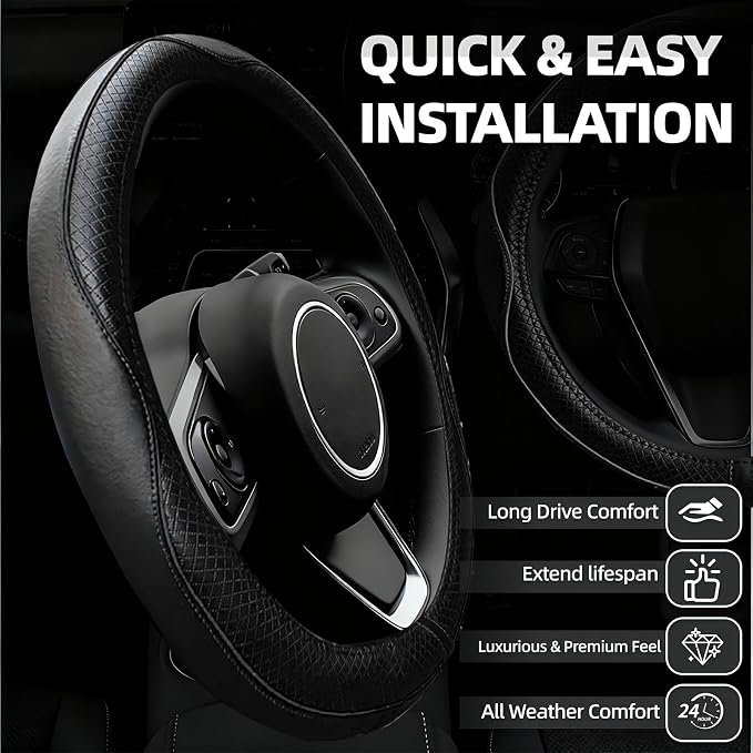 6 PCS Car Steering Wheel Cover Set, Microfiber Leather Steering Wheel Covers Universal 14.5-15 inch, Center Console Cover, Seat Belt Cushion, Cup Holder Coaster, Car Accessories Set Black