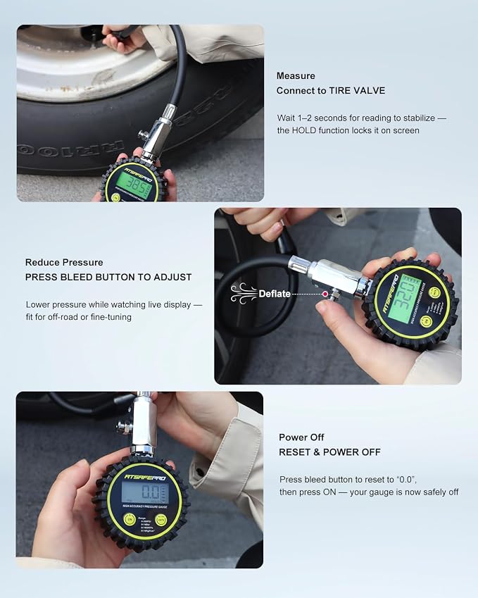 Digital Tire Pressure Gauge - Backlit Display, 200 PSI Accurate Tire Gauge - Hold Function, Long Hose, Dual Head Air Chuck, 4 Units, Bleed Valve, AAA Battery, for Car Truck RV