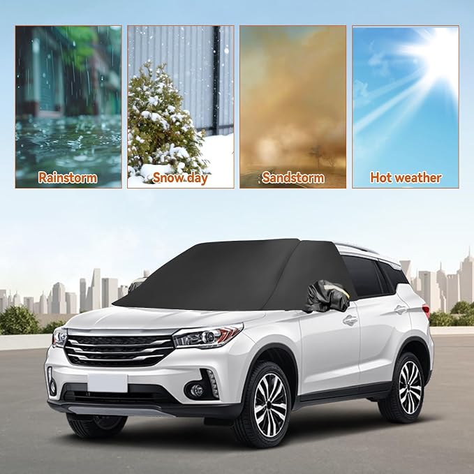 Windshield Window Snow Cover with 2 Hooks and 2 Mirror Covers Ice and Snow Front Window Sunshade Cover Fit for SUVs, Trucks, Cars (Black-SUVs)