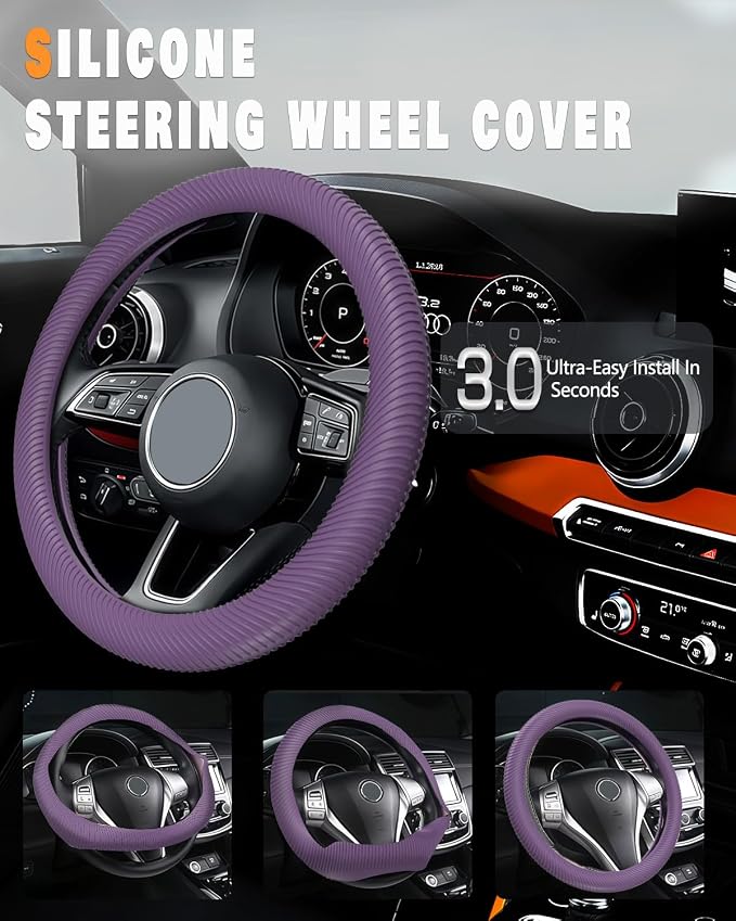 Car Steering Wheel Cover, Thin Anti-Skid Silicone Steering Wheel Cover for Men & Women, Universal Automotive Interior Accessories for Most Cars (Purple)