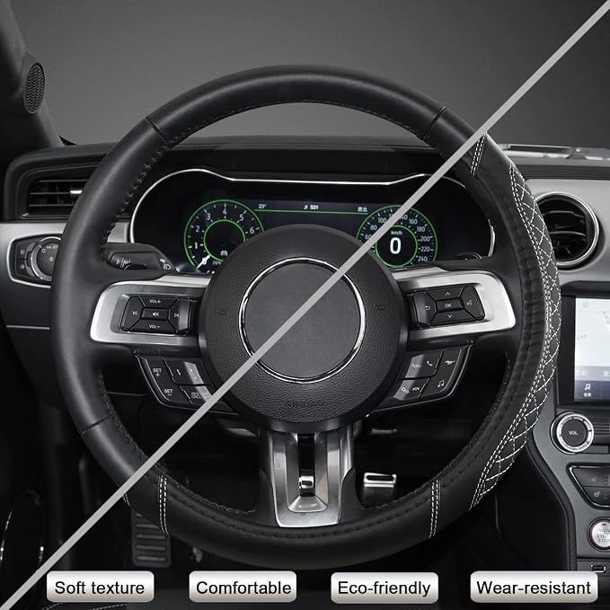 Car Steering Wheel Cover for Ford Escape,Explorer,Fusion,Focus,Bronco,Transit,Edge(Diamond Quilted - Black+Gray- Standard Size)