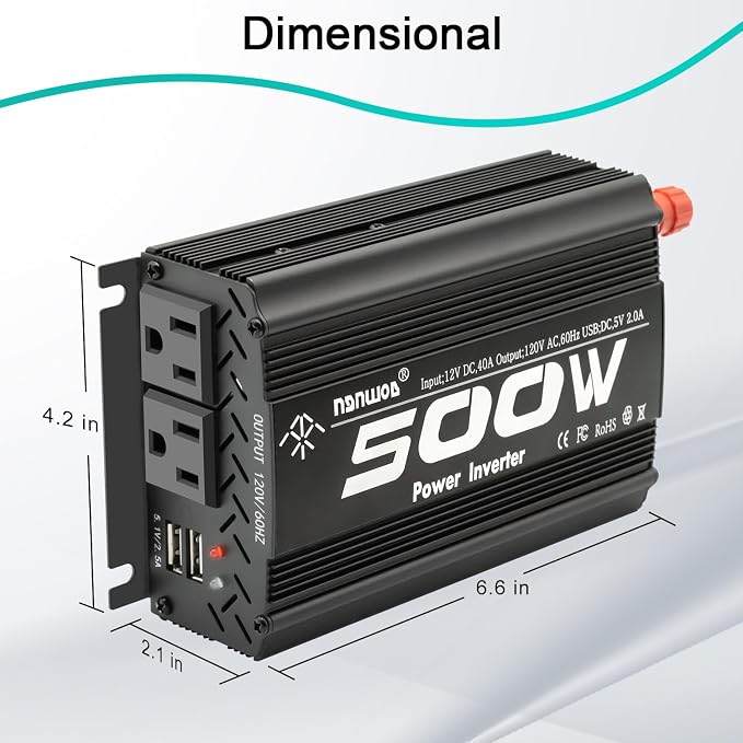 500 watt Power Inverter for Vehicles,Small car,12 Volt to 110/120 Volt for car Cigarette Lighter RV semi Truck Vehicle Inverter with 2 AC Outlets 2USB Ports-500W (500W)