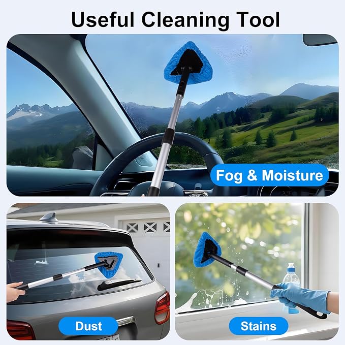 All-in-One Car Windshield Cleaner Kit | Extendable Tool with 3 Reusable Microfiber Pads & Spray Bottle for Interior & Exterior Window Cleaning on Cars, SUVs, Trucks