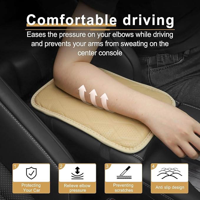 Car Center Console Cover, Leather Car Armrest Cushion, Universal Waterproof Cushion Pad, Non-Slip Car Interior Accessories, Fits Most Sedans SUVs Trucks (Light Beige)