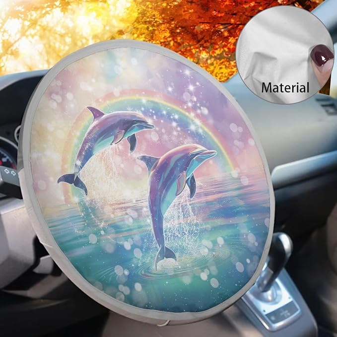 Car Steering Wheel Sun Shade Cover Cute Dolphin Car Accessories Cooling Steering Wheel Cover Women Sun Heat Shield UV Rays Universal Fit 17 inch Steering Wheel Protection Cover