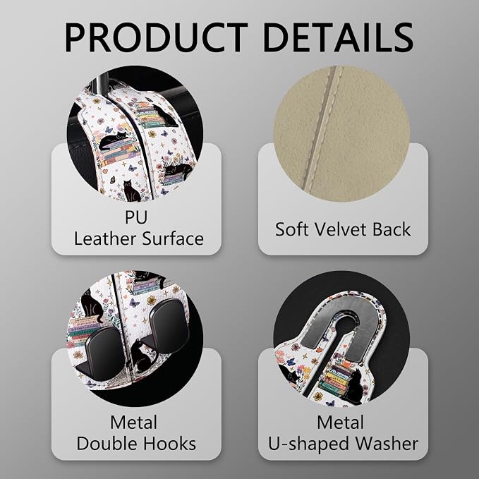 2PCS Car Hooks for Purses Bags, Book Lover Bookish Black Cat Seat Back Storage Headrest Holder Hanger PU Leather Double Metal Backseat Organizer, Women Car Accessories Organization