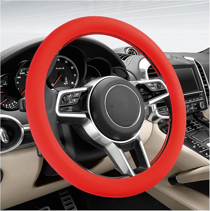 Car Steering Wheel Cover, 13 to 14.17 inches Anti-Slip Silicone Steering Wheel Protector, Soft Flexible Shock-Absorbent Steering Wheel Protective Cover for Most Car Models (Red)