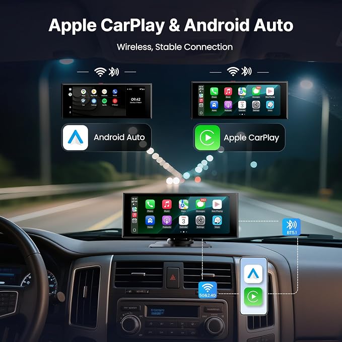 Wireless Car Play Screen, 10.26'' Monitor with Apple Carplay & Android Auto, 4K Portable Smart Touch Tablet Stereo Multimedia Dashboard, Bluetooth/FM/GPS/AUX