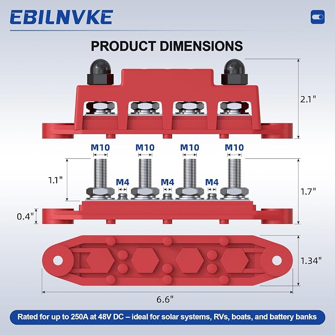 Bus Bar 12V 250A Power Distribution Block 4 x 3/8"(M10) Studs | Marine Bus Bar, 12 Volt Battery Busbar, Terminal Block, Automotive, Car, Boat, Solar Wiring, Positive & Negative
