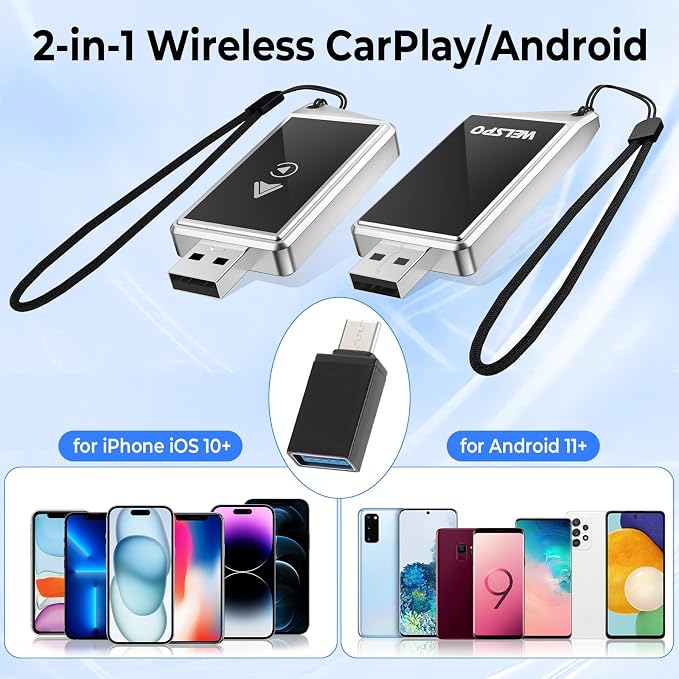2-in-1 Wireless CarPlay & Android Auto Adapter | Converts Wired to Wireless, Plug & Play, Compatible with 2018+ Cars, Includes Lanyard, For iPhone and Android Phones