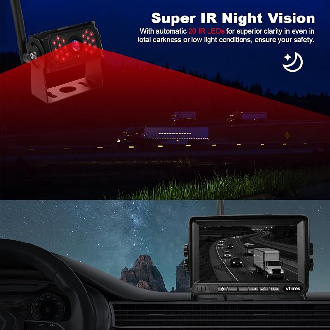 VTimes 3-Camera Wireless RV Backup System, RV Backup Camera with 7'' HD Monitor for Truck, 4 Channels Split Screen, BSD Alert, 984FT Signal Range, IP69K Waterproof IR Night Vision, DIY Guide Lines