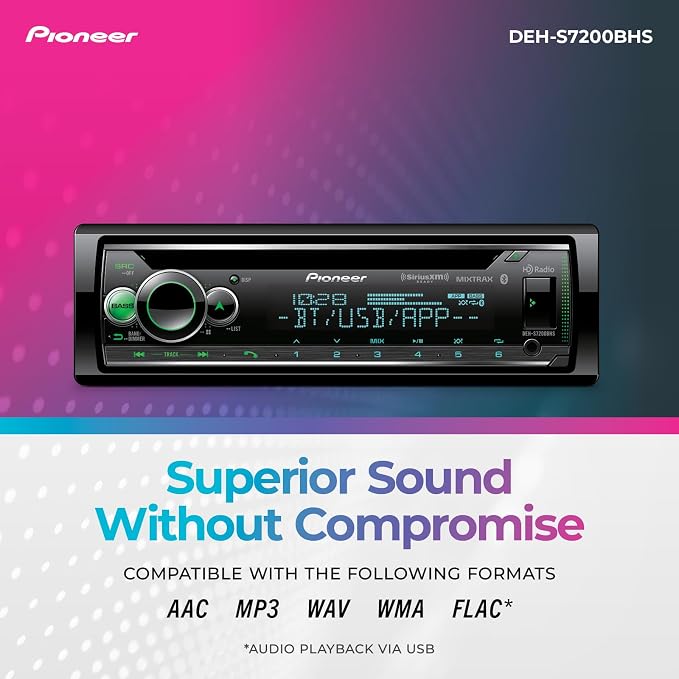 DEH-S7200BHS 1-Din CD Receiver – Bluetooth, HD Radio, SiriusXM, USB/AUX, Color Change, FLAC, AM/FM, Detachable Face, 13-Band EQ, 50W x 4, Voice Control, Hi-Volt RCA Preouts