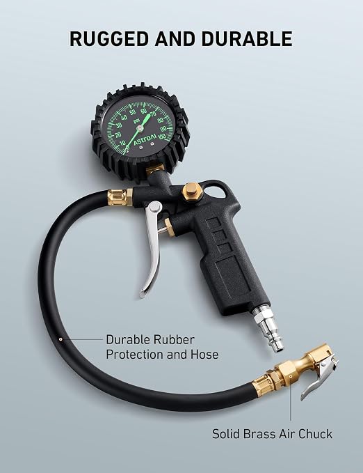 Tire Pressure Gauge with Inflator, 100 PSI-ANSI B40.1 Accurate, Large 2.5" Easy Read Glow Dial, Heavy Duty Air Chuck and Compressor Accessories with Rubber Hose and Quick Connect Coupler
