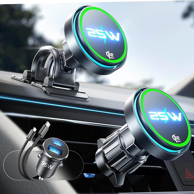 for Qi2.2 25W MagSafe Car Mount Charger，[Smart Cooling Fan＆95W Fast Adapter] Magnetic Wireless Car Charger, Phone Holders for Your Car Accessories for iPhone 17 Pro Max Air 16 15 14 13 12 | [Smart Cooling Fan] Magsafe Car Mount Charger, [Qi2 25W...
