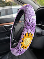 Handmade Crochet Sun Moon Car Steering Wheel Covers Universal 14-15 inch,Cute Steering Wheel Cover,Car Accessories (B:Wheel Cover+2 Belt Cover)